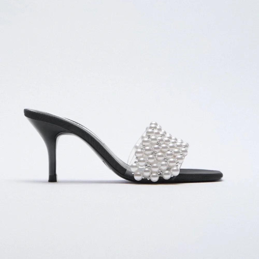 Zara Pearl Detail Square Toe Heel Sandals Size 9/40 - Picture 2 of 7